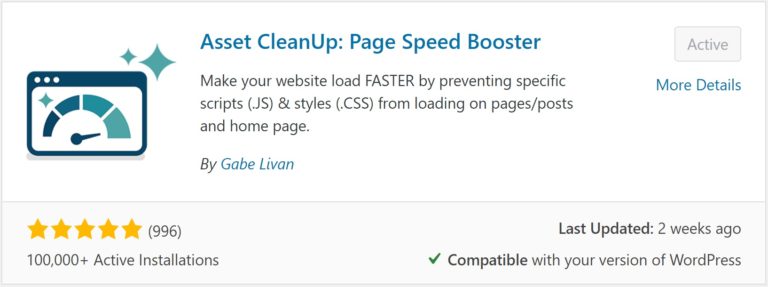 A screenshot of the Asset CleanUp Page Speed Booster plugin entry in WordPress.