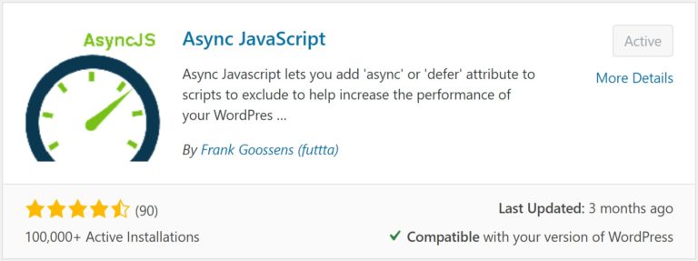 A screenshot of the Async JavaScript plugin entry in WordPress.