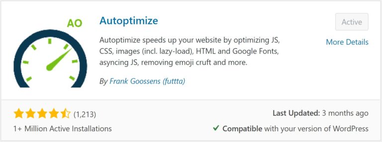 A screenshot of the Autoptimize plugin entry in WordPress.