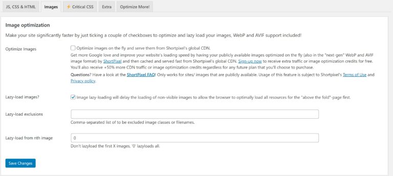 A screenshot of the available image settings in Autoptimize.