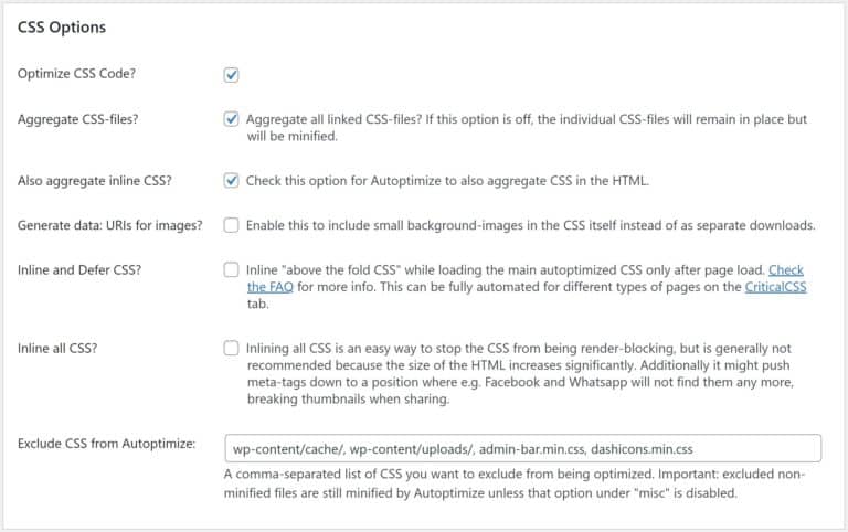 A screenshot of the available CSS settings in Autoptimize.