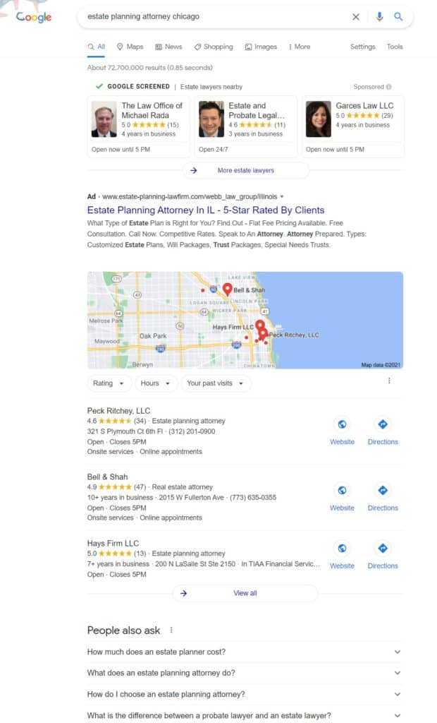 A screenshot of a search for estate planning attorneys in Chicago.