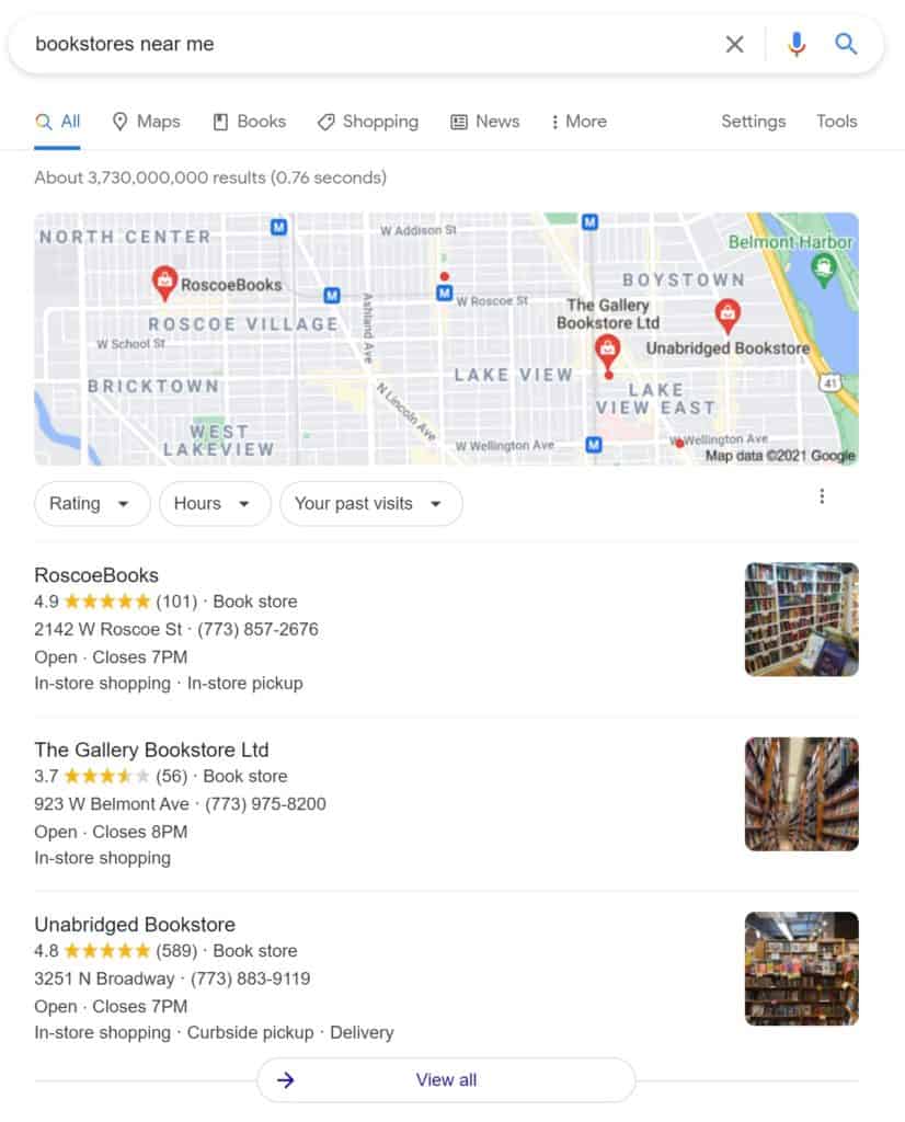 A screenshot of a search on Google showing the Google My Business local pack.