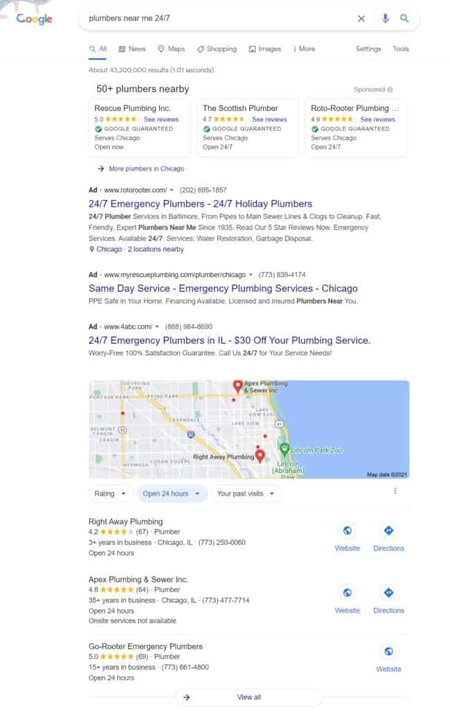 A screenshot of a search of plumbers available 24/7 in Chicago.