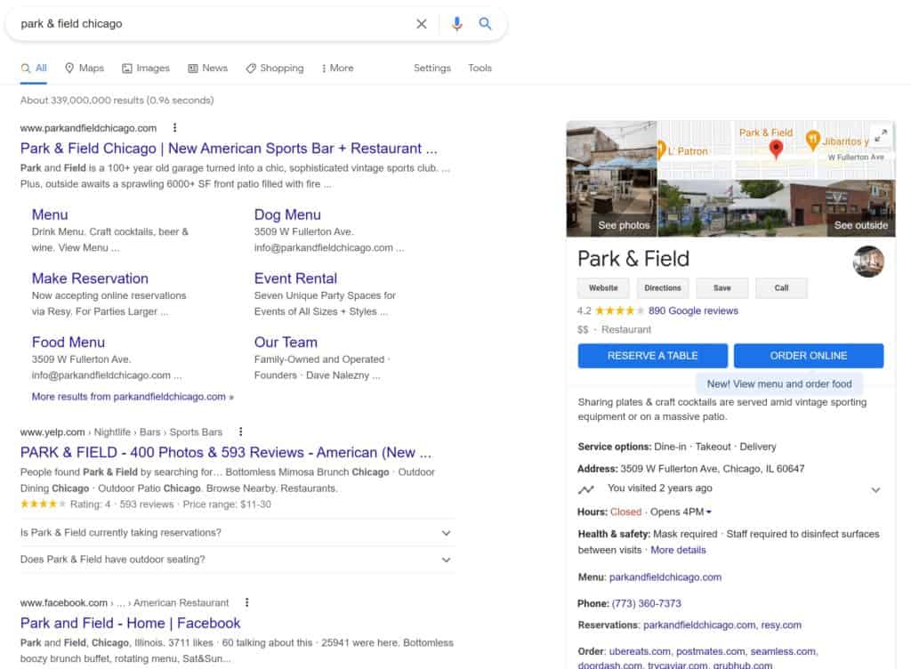 A screenshot of a branded search on Google showing a knowledge panel powered by a Google My Business listing.