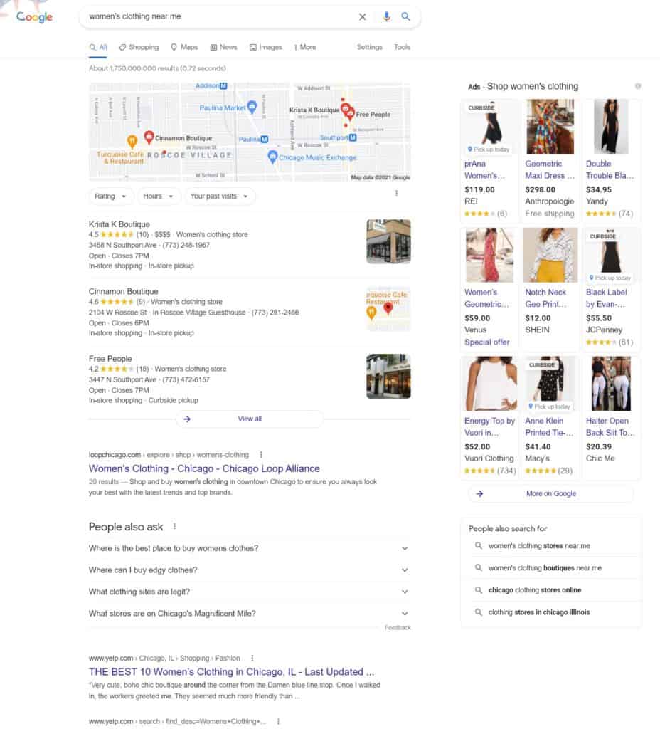 A screenshot of a search of women's clothing near me.