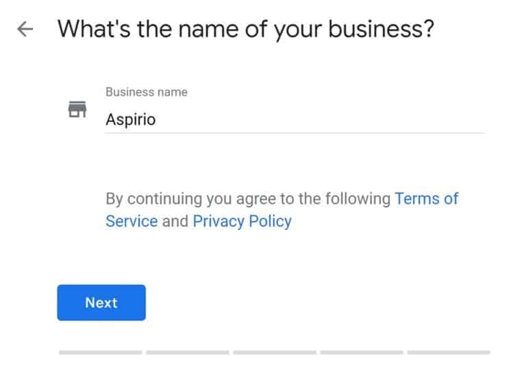 The first step of creating a GMB listing - adding your business name