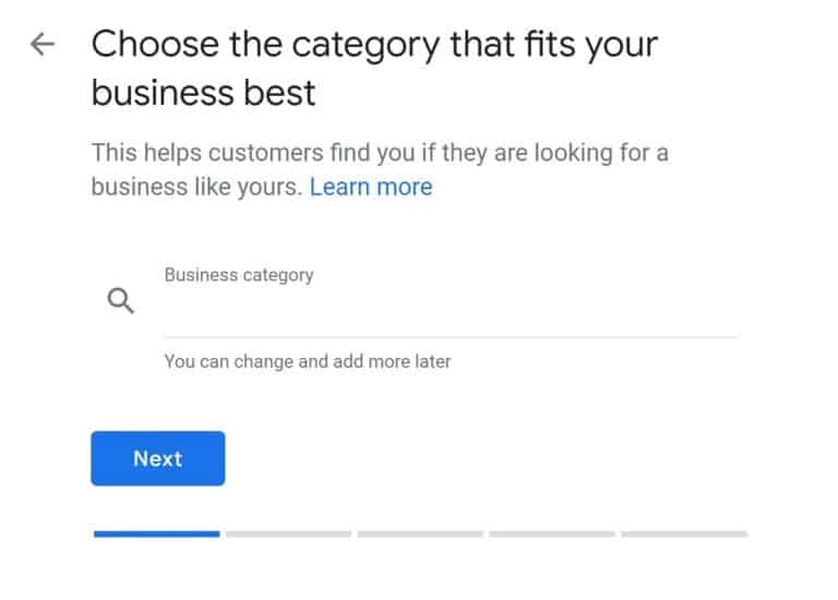 The second step of creating a GMB listing - choosing your primary category