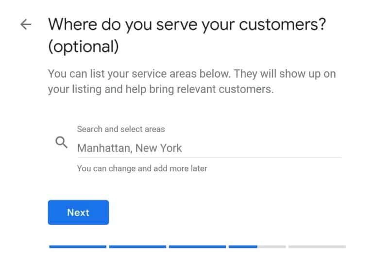 The fourth step of creating a GMB listing - setting your service area