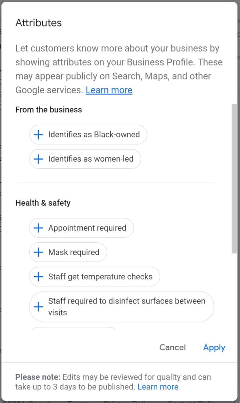 A screenshot of the Google My Business attributes settings.