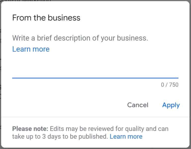 A screenshot of the Google My Business description settings.