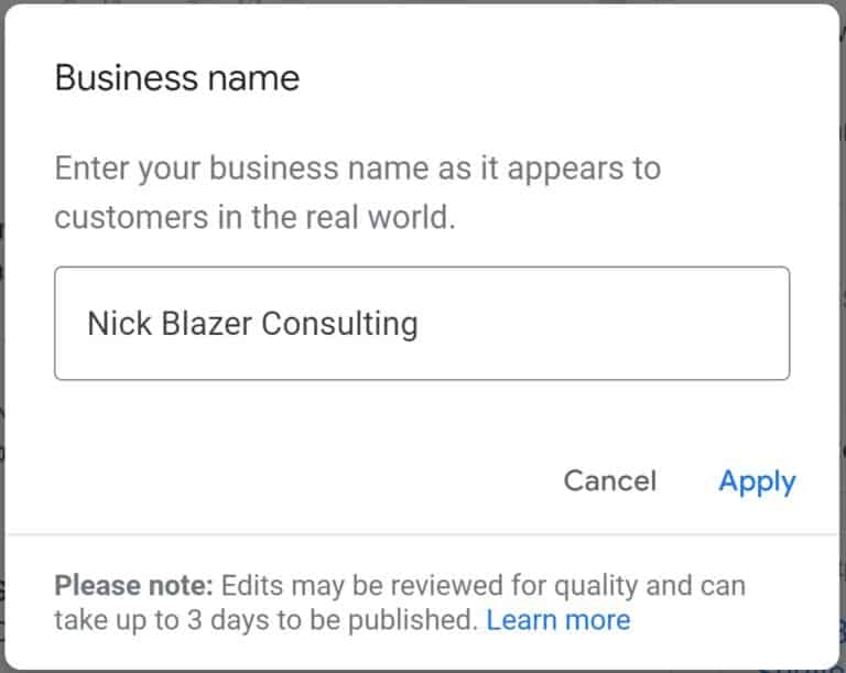 A screenshot of the Google My Business name settings.