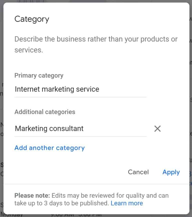 A screenshot of the Google My Business category settings.