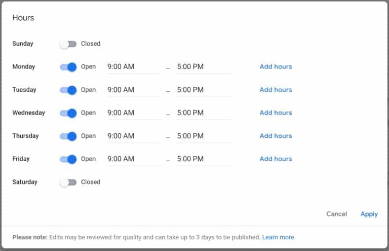 A screenshot of the Google My Business hours settings.