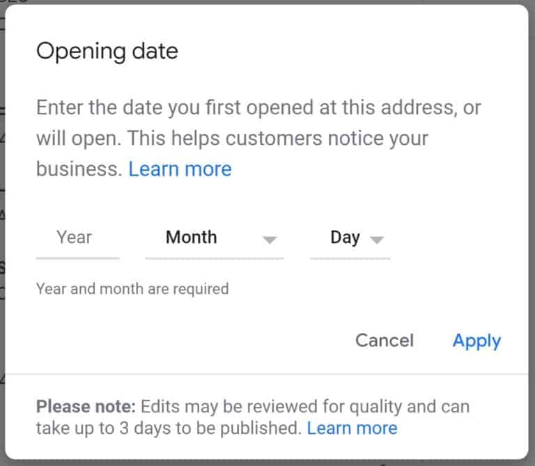 A screenshot of the Google My Business opening date settings.