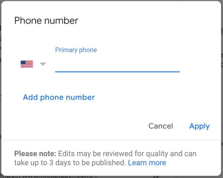 A screenshot of the Google My Business phone settings.