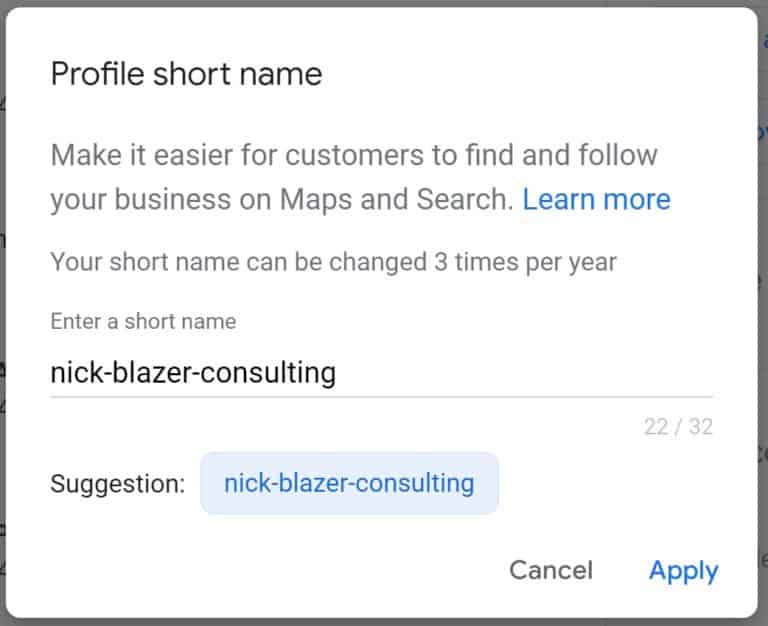 A screenshot of the Google My Business profile short name settings.