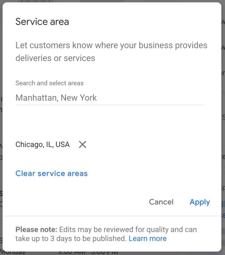 A screenshot of the Google My Business service areas settings.