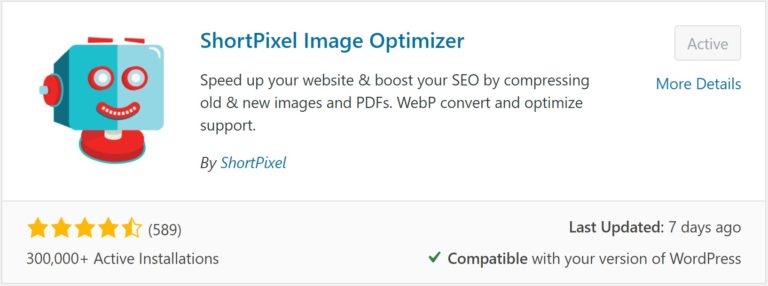 A screenshot of the ShortPixel Image Optimizer plugin entry in WordPress.