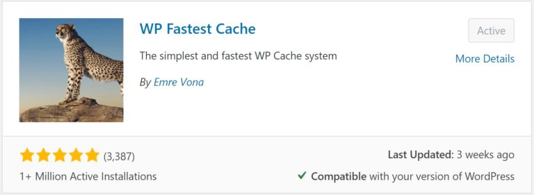 A screenshot of the WP Fastest Cache plugin entry in WordPress.