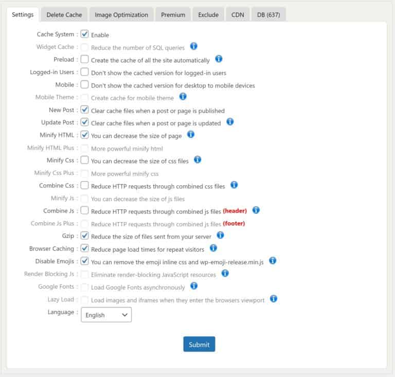 A screenshot of the available settings in WP Fastest Cache.